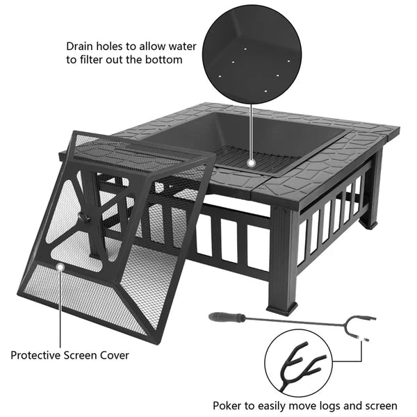 Airbetter Fire Pit for Outside, 32" Outdoor Square Metal Fire Pit, Wood Burning BBQ Grill Fire Pit Bowl with Spark Screen, Poker, Backyard Patio Garden Bonfire Fire Pit for Camping, Heating, Picnic, L6193