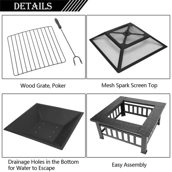 Airbetter Fire Pit for Outside, 32" Outdoor Square Metal Fire Pit, Wood Burning BBQ Grill Fire Pit Bowl with Spark Screen, Poker, Backyard Patio Garden Bonfire Fire Pit for Camping, Heating, Picnic, L6193