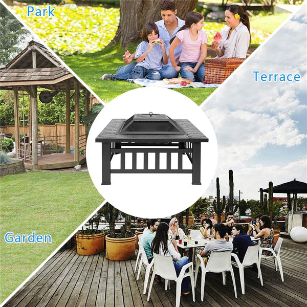 Airbetter Fire Pit for Outside, 32" Outdoor Square Metal Fire Pit, Wood Burning BBQ Grill Fire Pit Bowl with Spark Screen, Poker, Backyard Patio Garden Bonfire Fire Pit for Camping, Heating, Picnic, L6193