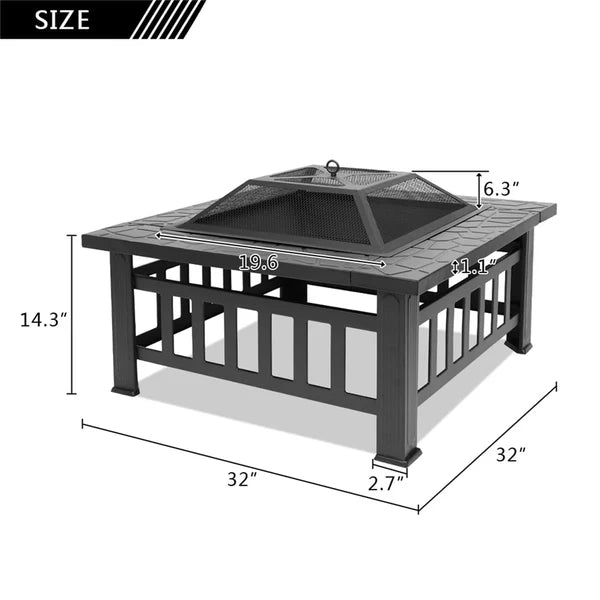 Airbetter Fire Pit for Outside, 32" Outdoor Square Metal Fire Pit, Wood Burning BBQ Grill Fire Pit Bowl with Spark Screen, Poker, Backyard Patio Garden Bonfire Fire Pit for Camping, Heating, Picnic, L6193